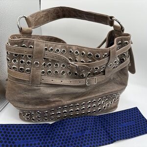 Rebecca Minkoff Devote Gray/ Taupe Leather Studded Grommet Satchel Hobo Tote Bag